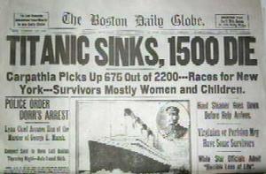 The Boston Daily Globe reports 1500 lost souls and 675 survivors aboard the Carpathia